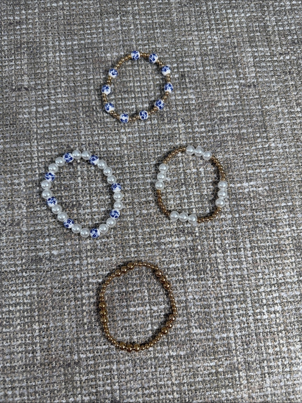 Beaded Stretch Bracelet Set - Gold, White, Blue flowers